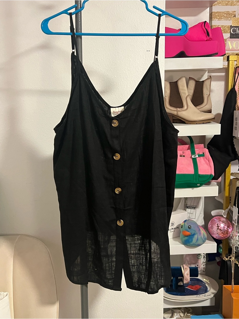 Hayden Black Linen-Blend Tank with Accent Buttons